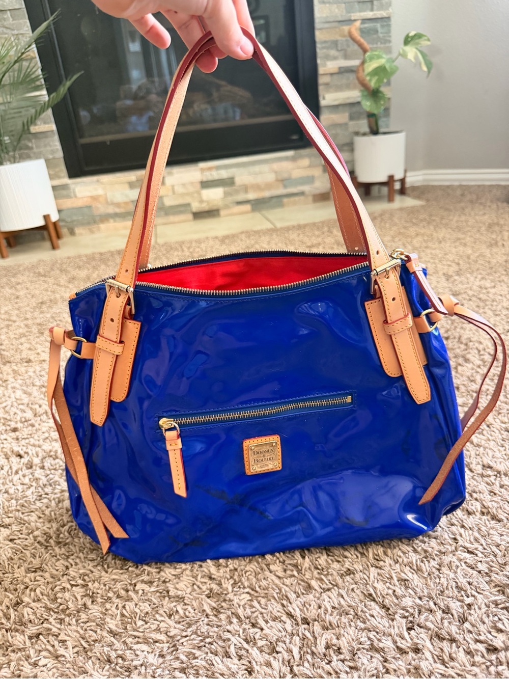 Dooney & Bourke Bright Blue Patent Tote with Tan Trim